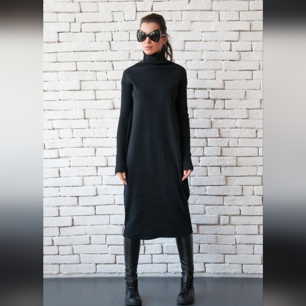 Lands End Black Jersey Knit Long Sleeve Turtle Neck Maxi Dress - Picture 1 of 4